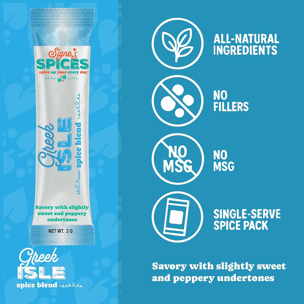 Signe’s Spices Greek Isle – 8 Single-Serve Packets | Small-Batch Mediterranean Herb & Spice Blend with Organic ingredients including Garlic, Oregano & Parsley for Dressings, Dips & Bakes