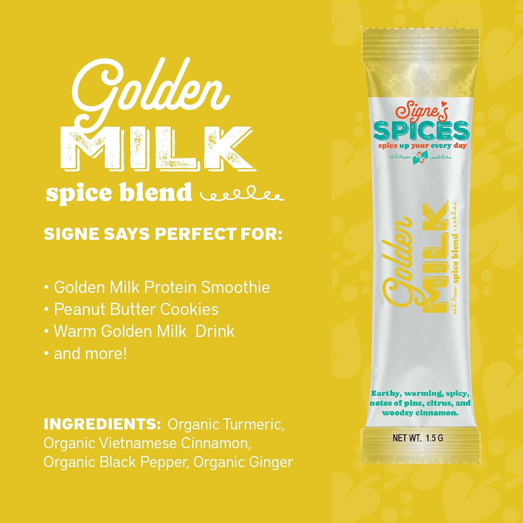 Signe’s Spices Golden Milk – 8 Single-Serve Packets | Small-Batch Organic ingredients of Turmeric & Cinnamon Blend for Lattes, Smoothies & Baking