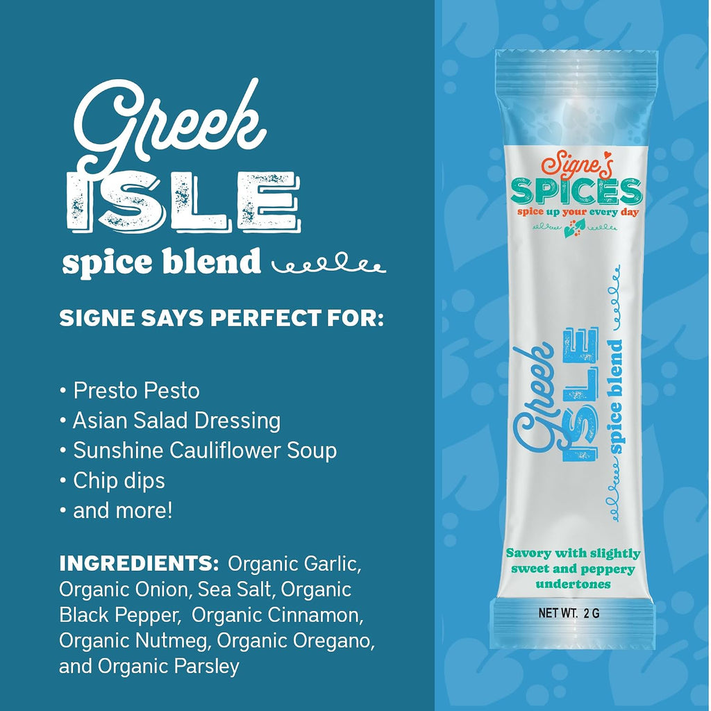 Signe’s Spices Greek Isle – 8 Single-Serve Packets | Small-Batch Mediterranean Herb & Spice Blend with Organic ingredients including Garlic, Oregano & Parsley for Dressings, Dips & Bakes