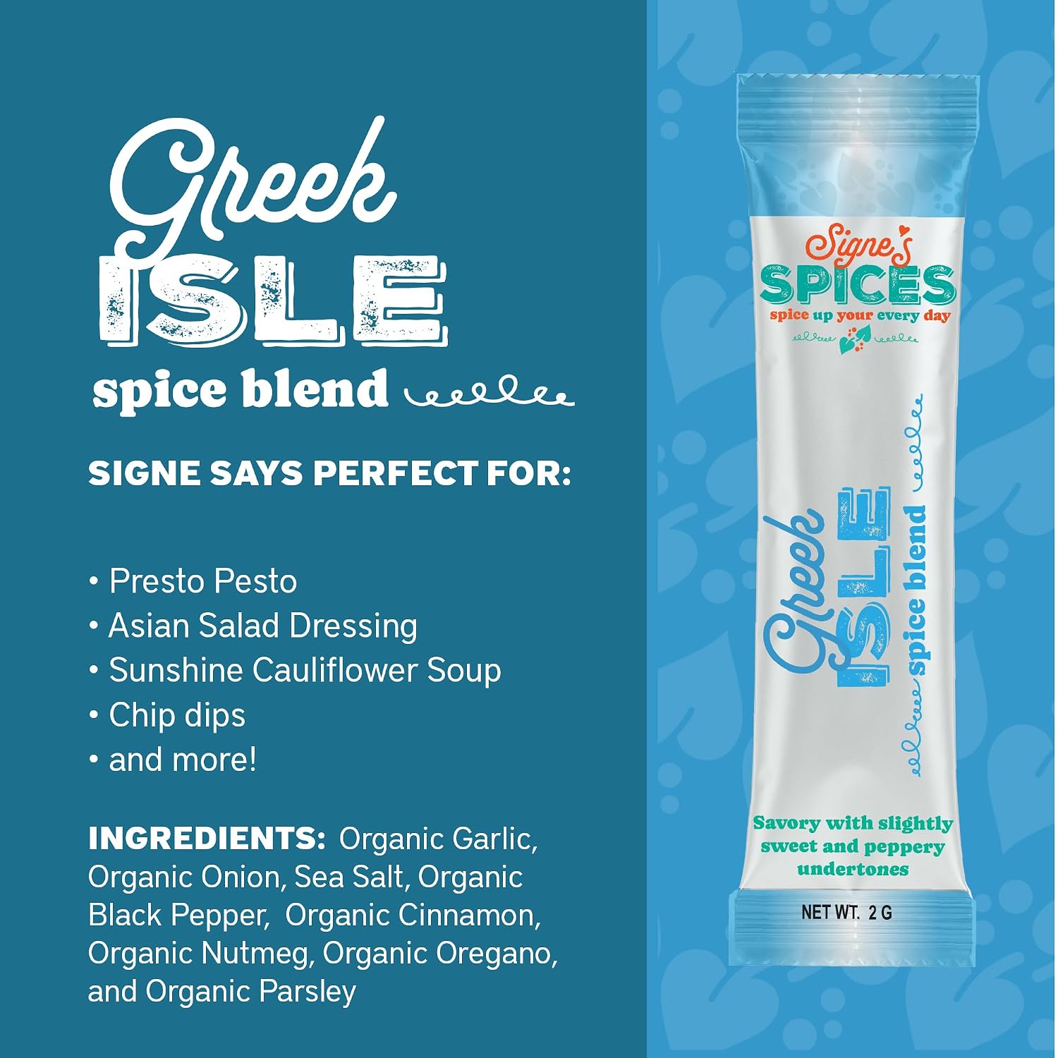 Signe’s Spices Greek Isle – 8 Single-Serve Packets | Small-Batch Mediterranean Herb & Spice Blend with Organic ingredients including Garlic, Oregano & Parsley for Dressings, Dips & Bakes