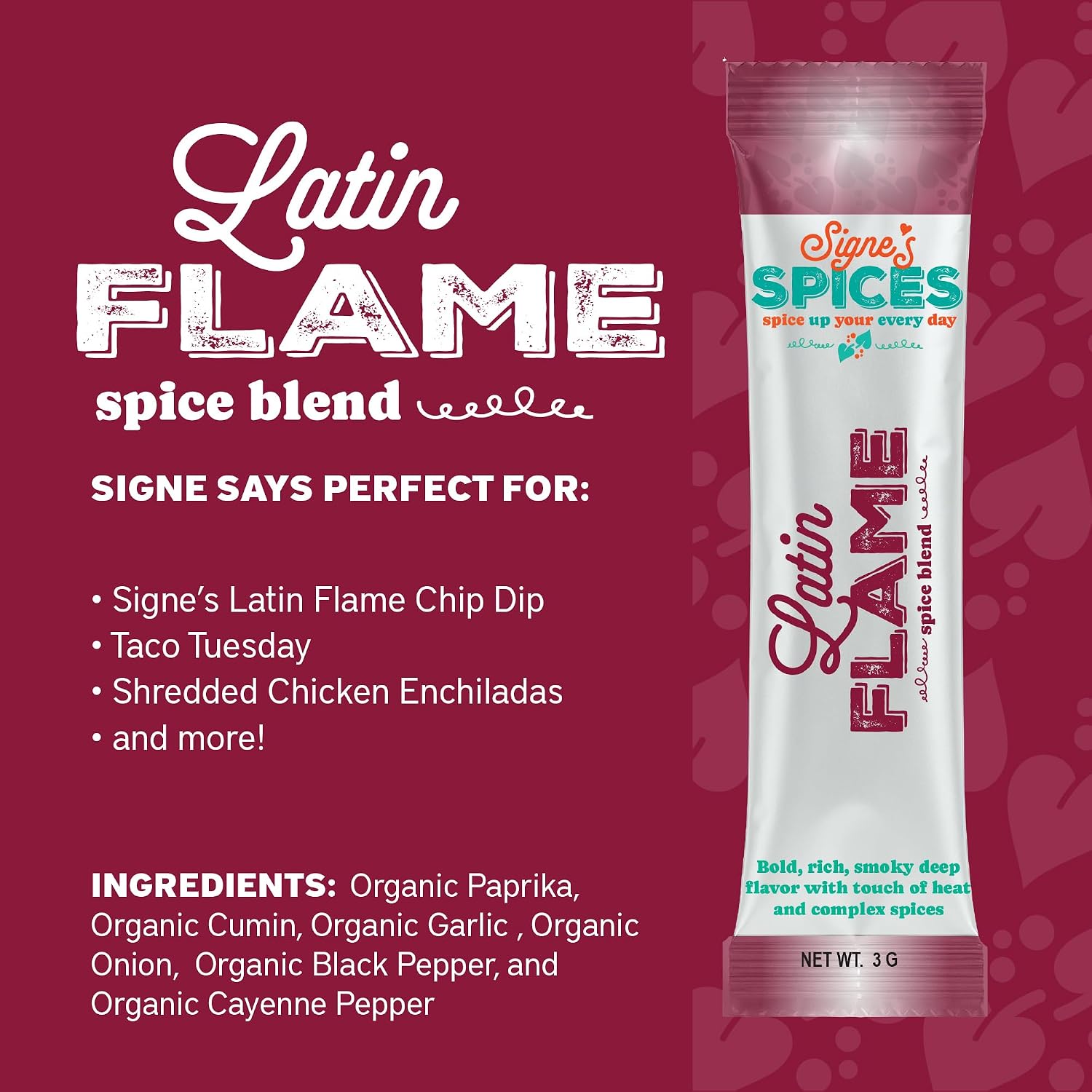 Signe’s Spices Latin Flame – 8 Single-Serve Packets | Small-Batch Smoky Chile & Paprika Blend for Tacos, Chili & Grilled Meats