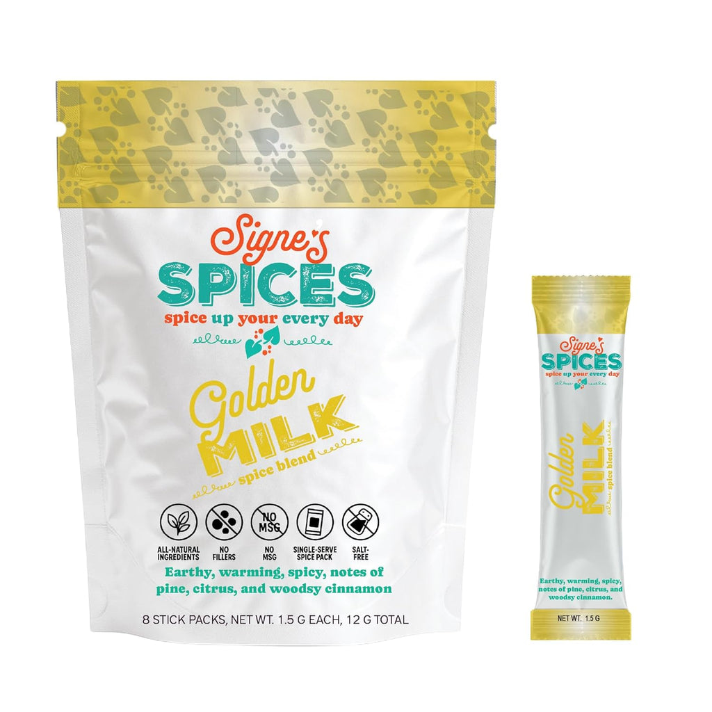 Signe’s Spices Golden Milk – 8 Single-Serve Packets | Small-Batch Organic ingredients of Turmeric & Cinnamon Blend for Lattes, Smoothies & Baking