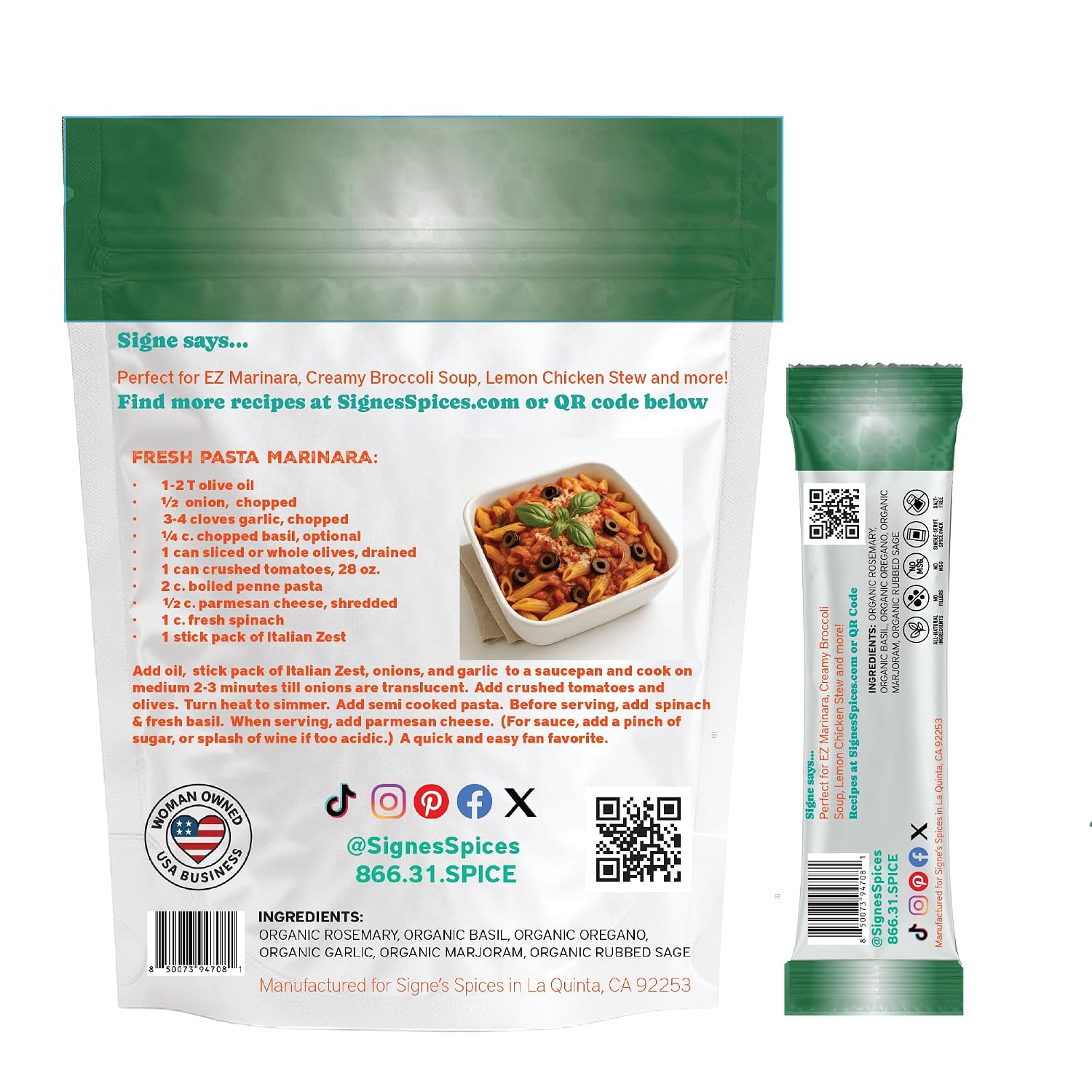 Signe’s Spices Italian Zest – 8 Single-Serve Packets | Small-Batch Artisan Italian Herb Blend for Pasta, Sauces & Everyday Cooking