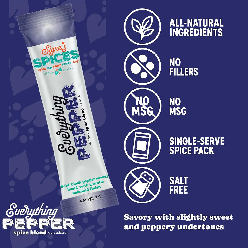 Signe’s Spices Everything Pepper – 8 Single-Serve Packets | Small-Batch Black Pepper & Garlic Seasoning Blend with Organic ingredients of Onion, Bell Pepper & Celery Seed for Steak, Marinades & Everyday Cooking
