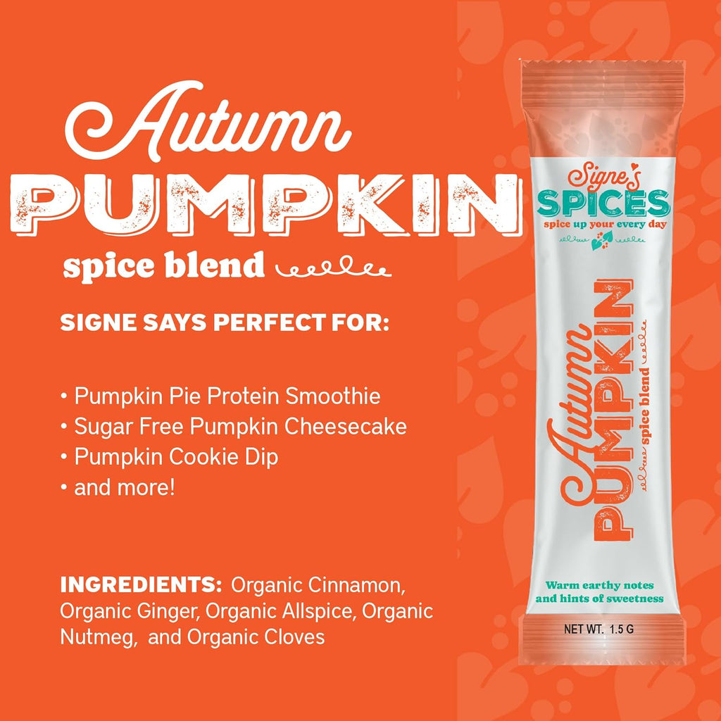 Signe’s Spices Autumn Pumpkin – 8 Single-Serve Packets | Small-Batch Organic ingredients of Cinnamon, Ginger & Nutmeg Blend for Smoothies, Baking & Seasonal Drinks