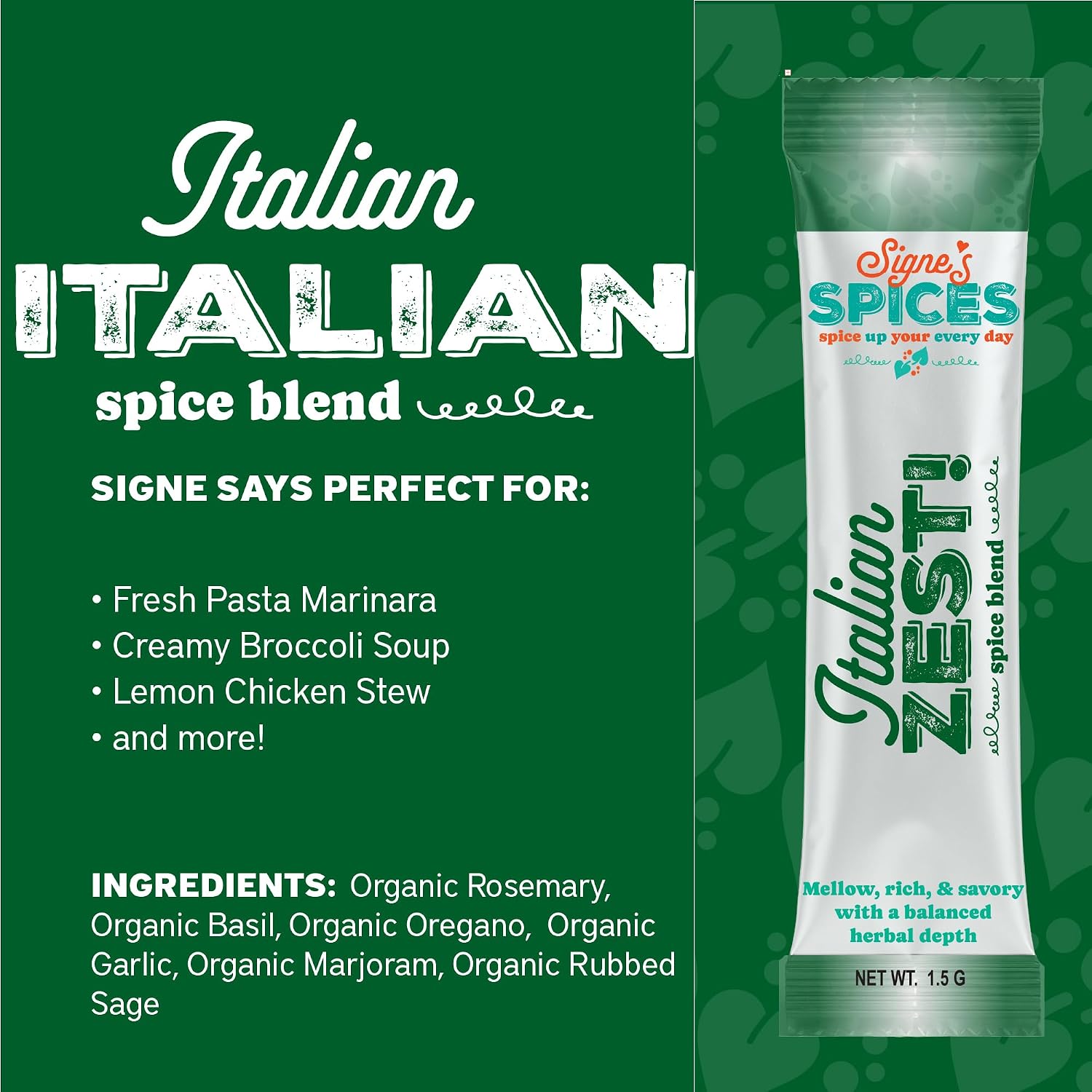 Signe’s Spices Italian Zest – 8 Single-Serve Packets | Small-Batch Artisan Italian Herb Blend for Pasta, Sauces & Everyday Cooking