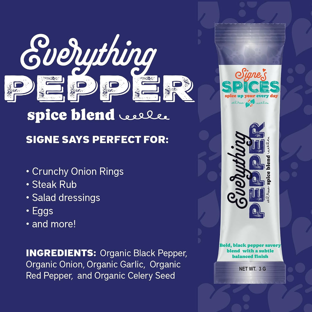 Signe’s Spices Everything Pepper – 8 Single-Serve Packets | Small-Batch Black Pepper & Garlic Seasoning Blend with Organic ingredients of Onion, Bell Pepper & Celery Seed for Steak, Marinades & Everyday Cooking