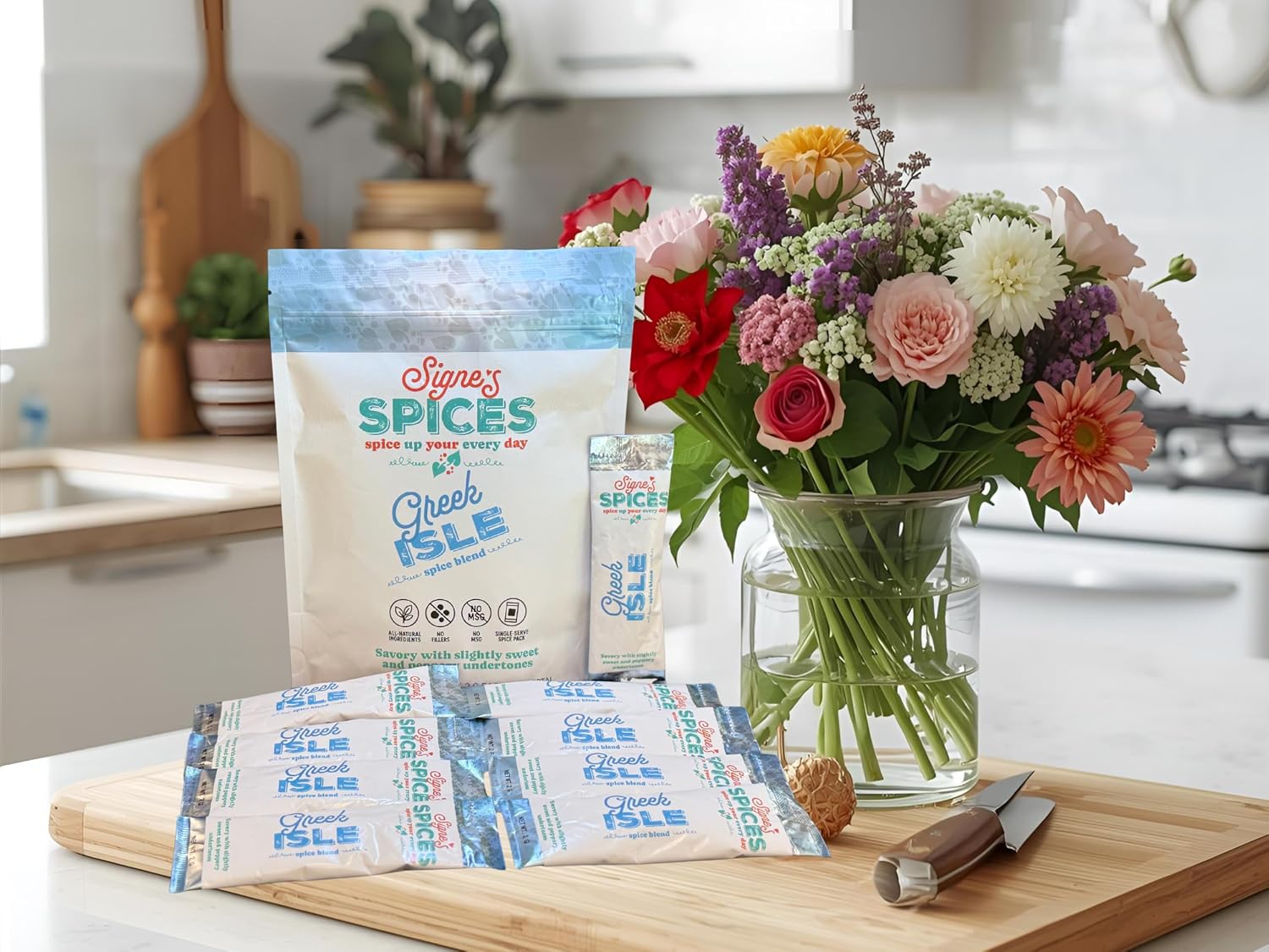 Signe’s Spices Greek Isle – 8 Single-Serve Packets | Small-Batch Mediterranean Herb & Spice Blend with Organic ingredients including Garlic, Oregano & Parsley for Dressings, Dips & Bakes