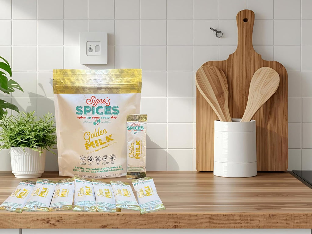 Signe’s Spices Golden Milk – 8 Single-Serve Packets | Small-Batch Organic ingredients of Turmeric & Cinnamon Blend for Lattes, Smoothies & Baking