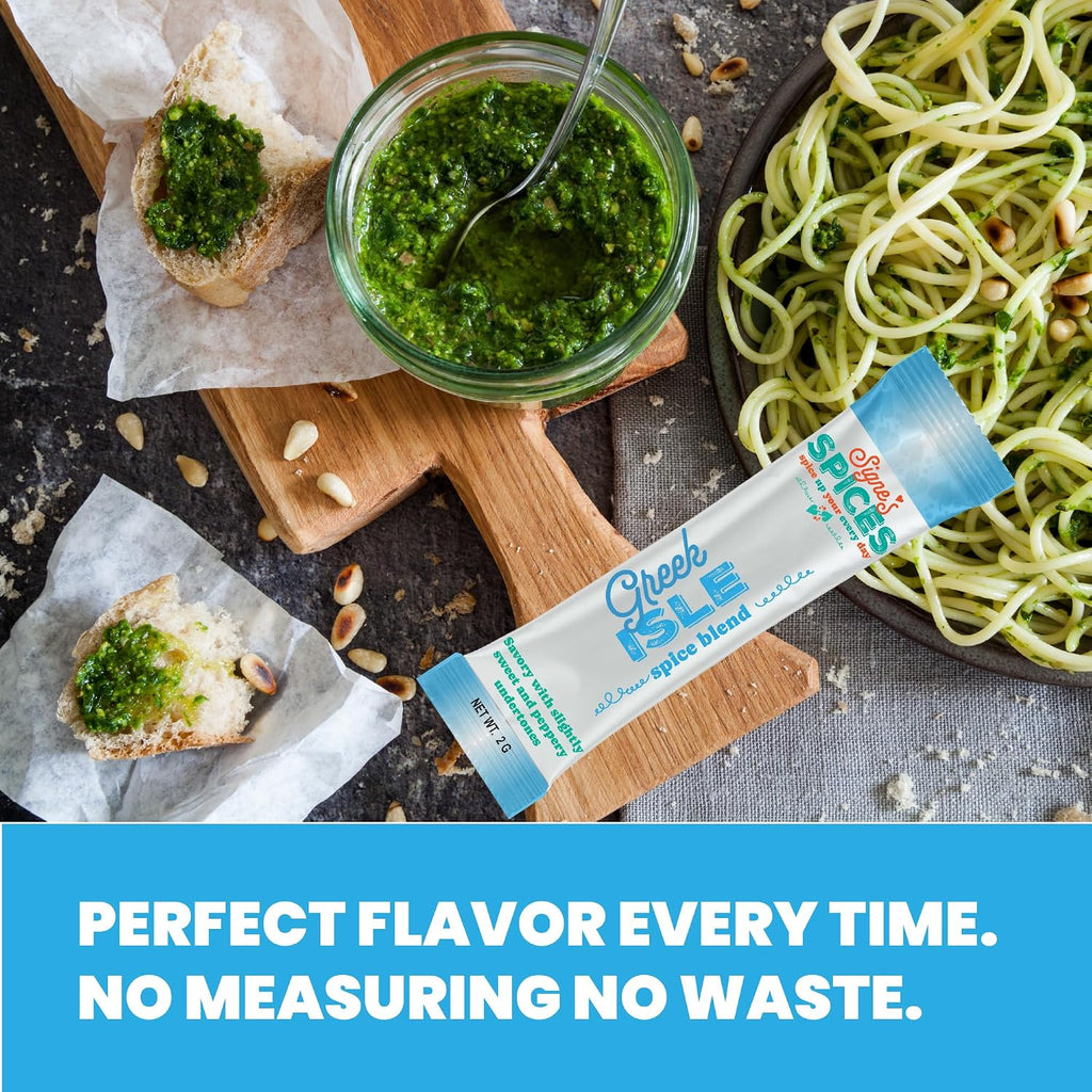 Signe’s Spices Greek Isle – 8 Single-Serve Packets | Small-Batch Mediterranean Herb & Spice Blend with Organic ingredients including Garlic, Oregano & Parsley for Dressings, Dips & Bakes