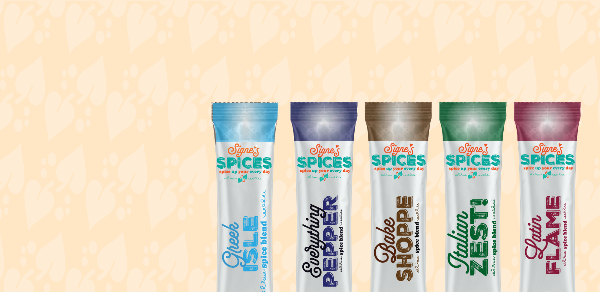 Five spice packets from Clive's Spices on a beige background with a subtle pattern.