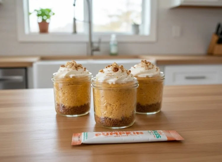 Three jars of pumpkin cheesecake on a kitchen counter with a package of pumpkin spice mix.